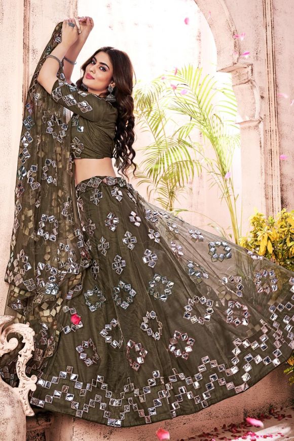 Olive Georgette Sequinse Embroidered Semi-Stitched Lehenga & Blouse with  Dupatta - Panchhi Fashion - 4144327