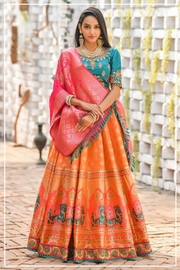 Buy Green Banarasi Silk Zari Work Lehenga Choli With Dupatta Festive Wear  Online at Best Price | Cbazaar