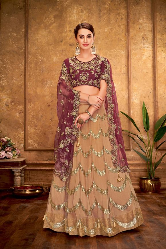 Party Wear Embroidery Coffee Color Heavy Flair Net Lehenga With High Neck  Blouse at Rs 4000 in Agra