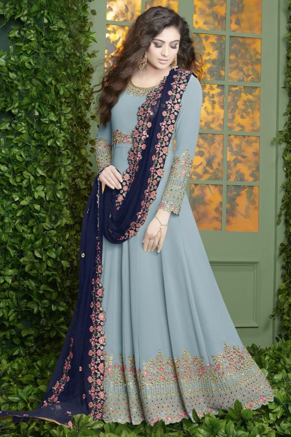 Blue Color Designer Anarkali Suit With Heavy Embroidery Work and Dupatta in  USA, UK, Malaysia, South Africa, Dubai, Singapore