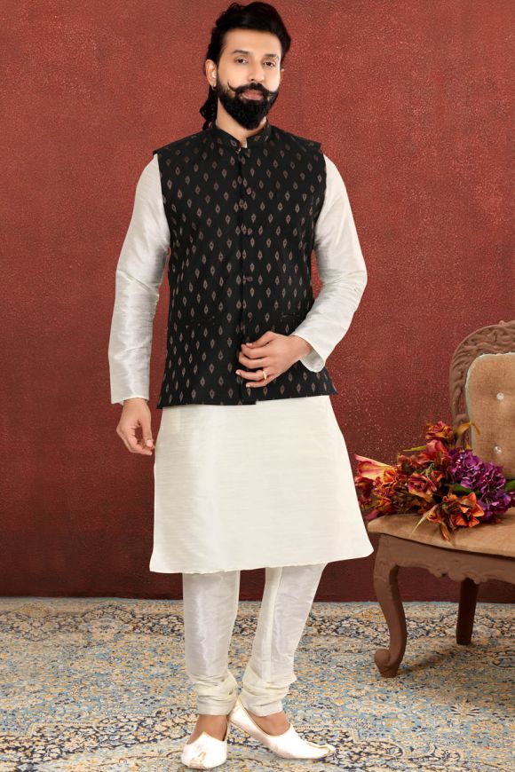 Solid Color Dupion Silk Kurta Jacket Set in White and Black : MTX1715