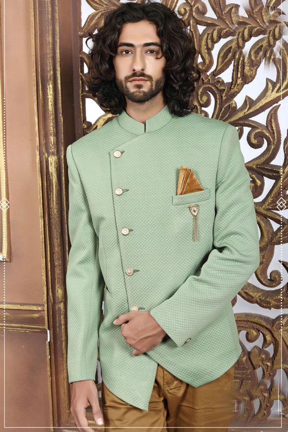 Marvelous Green Color Cotton Fabric Regular Fit Printed Jodhpuri Suit