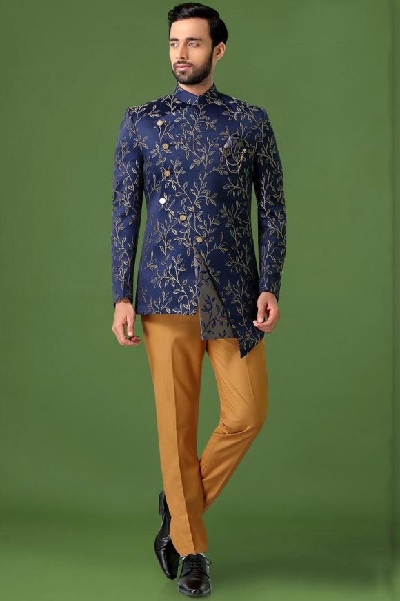 Royal blue pleasing velvet suit with bandhgala collar-ST508 | Designer suits  for men, Designer clothes for men, Indian men fashion