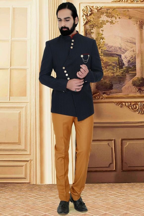 Solid Color Terry Rayon Jodhpuri Suit in Navy Blue : MHG2146