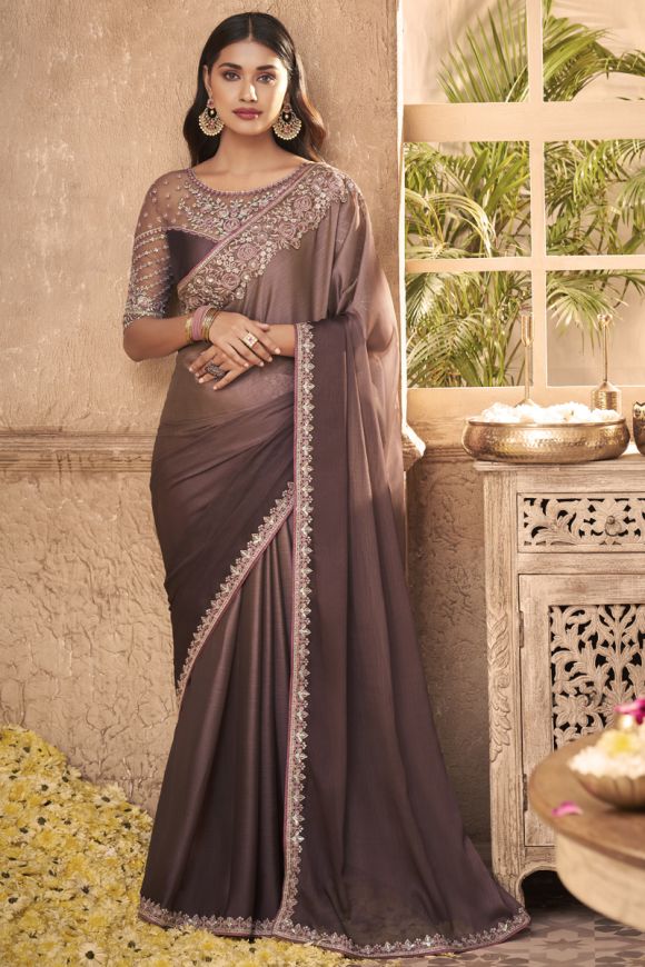 Buy Now Designer Sarees In Georgette Brown & Cream Colored Floral & Heavy  Embr – Lady India