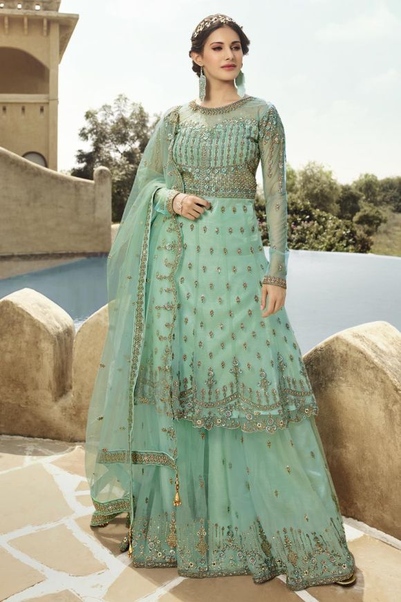 Buy Light Sea Green Net Sharara Suit With Stone Work Online - LSTV04598 |  Andaaz Fashion