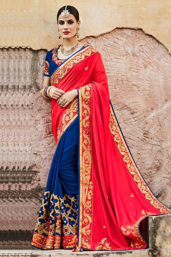 Red Saree With Navy Blue Blouse Tussar Silk Jacquard Border Women'S Casual  Saree - Satrani Fashion - 2772405