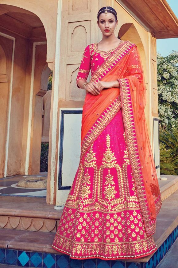 Pink And Green Zari Net And Satin Lehenga Style Saree -