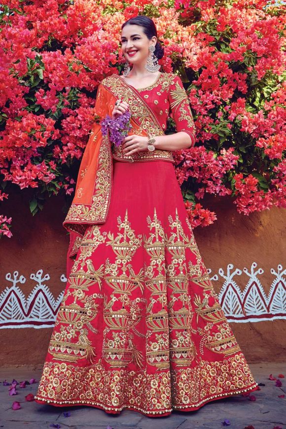Festive Wear Fascinating Designer Wedding Wear Orange-Red Color Embroidered  Lehenga Style Saree In Fancy Fabric
