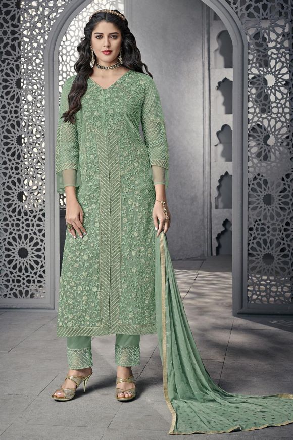 Designer Grey Function Wear Embroidered Straight Cut Dress In Net Fabric