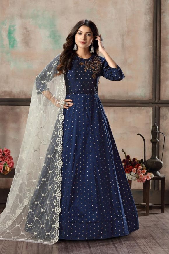 Beautiful Shaded Gown . Embellished with hand embroidery work on yoke. This  bright color combination … | Long gown design, Gown party wear, Fancy  sarees with price