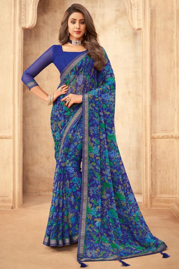 Daily Wear Chiffon Fabric Floral Printed Saree In Navy Blue Color-sgquangbinhtourist.com.vn