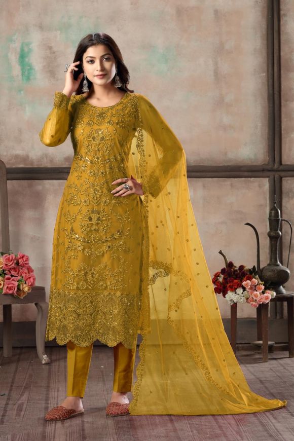 Festive Wear Mustard Color Net Fabric Classy Embroidered