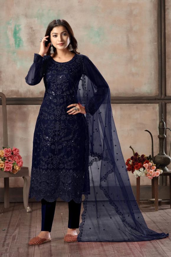 Casual Wear Net Fabric Embroidered Straight Cut Dress In Navy Blue Color