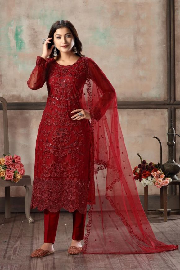 Casual Wear Net Fabric Embroidered Red Color Straight Cut Suit