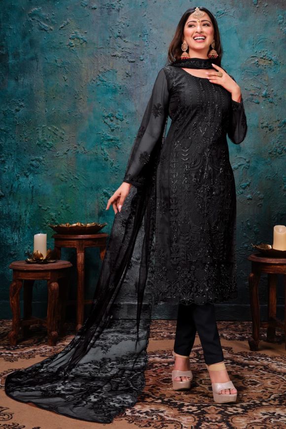 Fancy Embroidery Work Black Color Net Fabric Salwar Suit