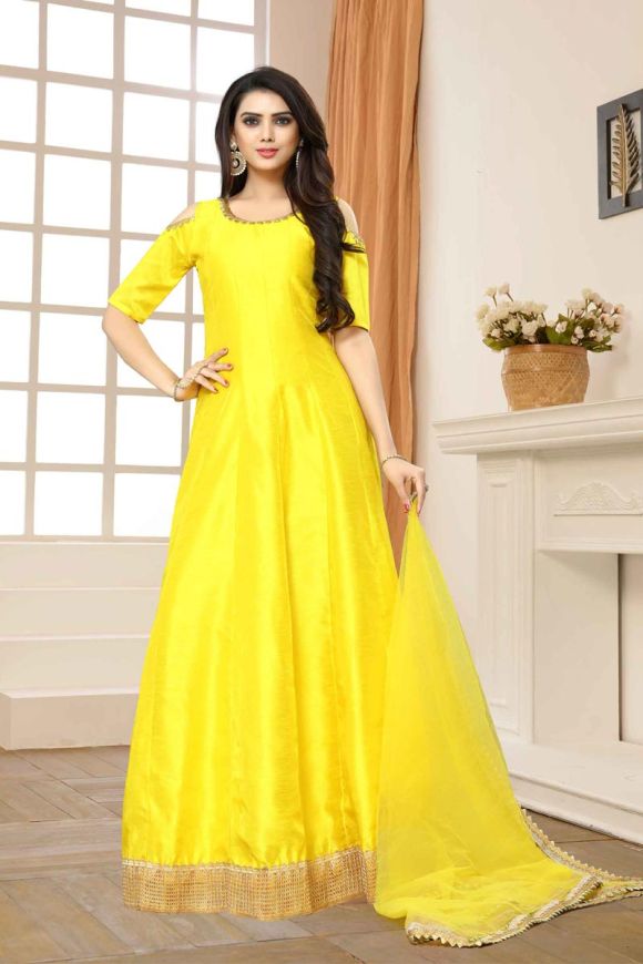 Online Sale Plain Yellow Silk Anarkali With Woven Dupatta LSTV120667