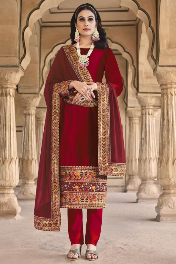 Net Embroidery Pakistani Suit In Red Colour