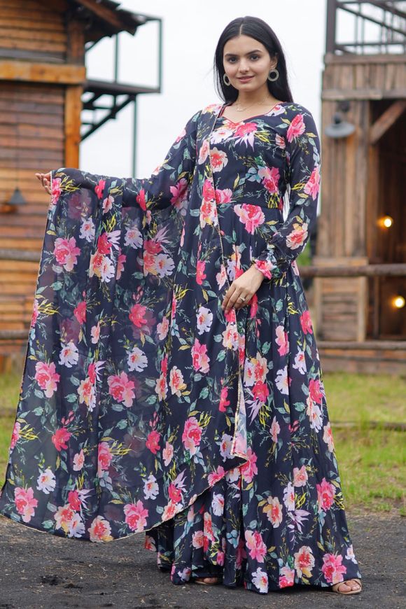 Women Printed Georgette Gown Kurta With Attached Dupatta