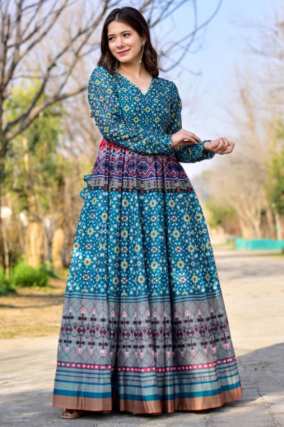 Sastha Fashion Pretty Stylish Georgette Fabric Bandhani Printed Long  Sleeves Full Length Square Neck Purple Colour Gown For Women ( S , M , L ,  XL , XXL , XXXL )