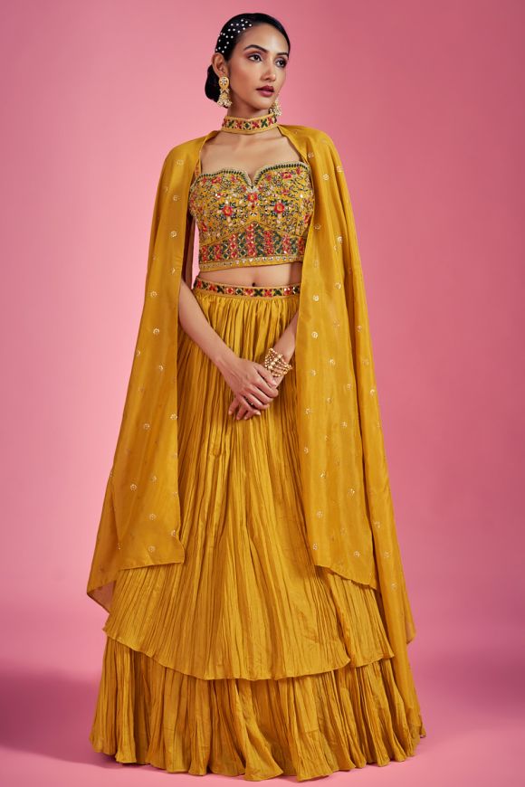 Embroidered Yellow A Line Lehenga Choli For Engagement – Mindhal