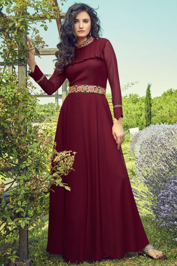 Buy Trendy Maroon Color Designer Western Wear Rayon Plain Design Ready Made  Gown – Saree Suit