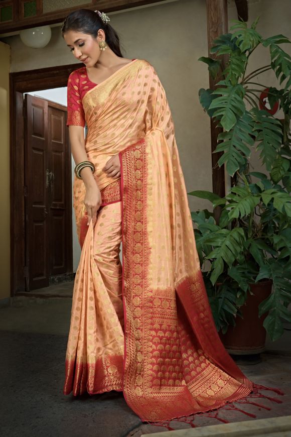 Classic Peach and Maroon Pre-Pleated Saree Online | Bagtesh Fashion