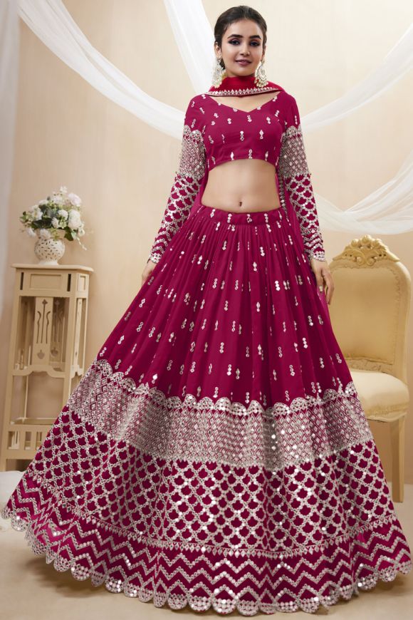 Rani Pink Colour Net Fabric Indian Wedding Lehenga Choli.
