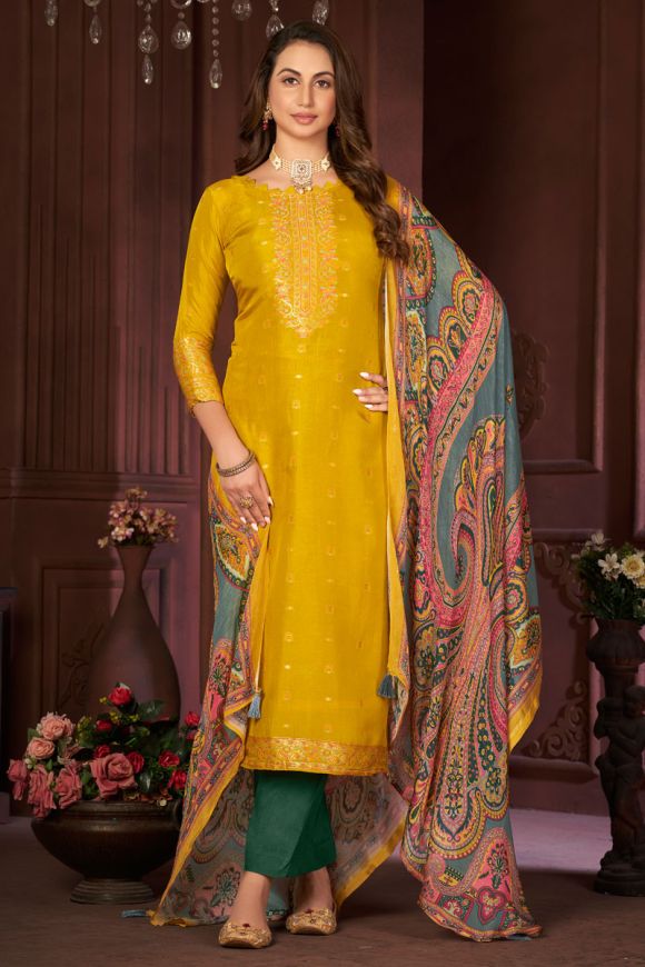 Buy Yellow Threadwork Chiffon Readymade Salwar Suit - Koskii