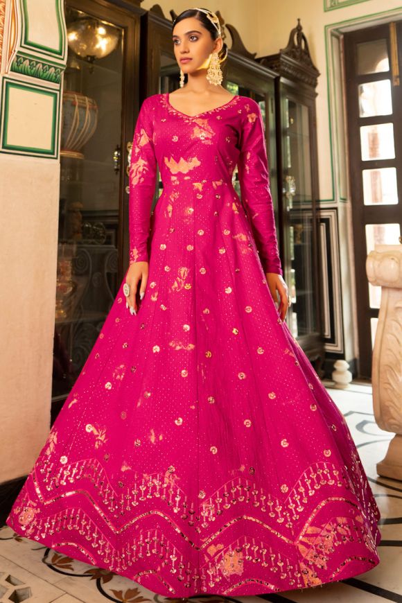Buy Wedding Party Gown - Rani Pink Lucknowi Style Embroidered Gown –  Empress Clothing