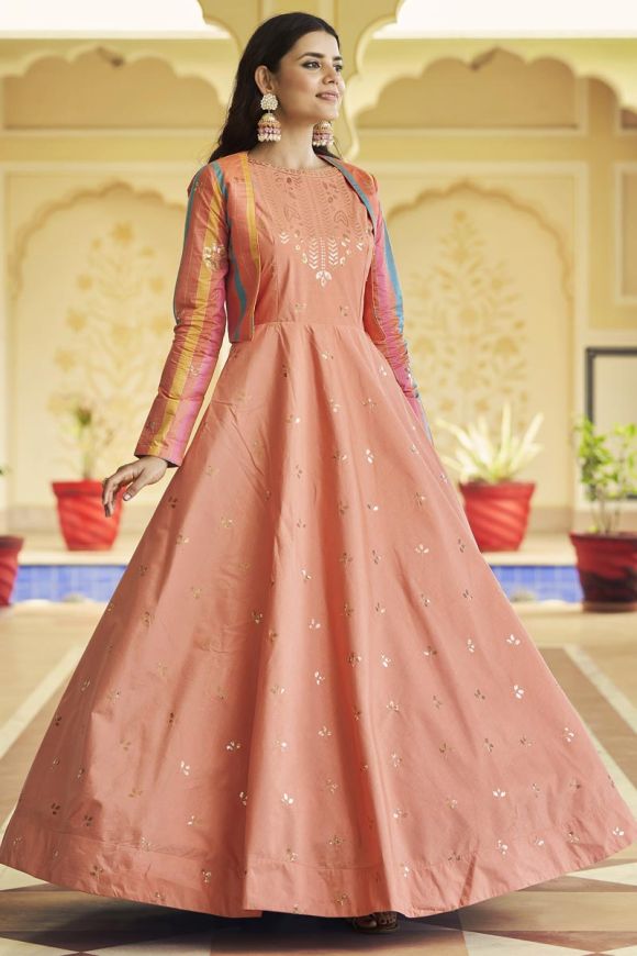 Buy Peach Metallic Foil Work Net Party Wear Gown Online from EthnicPlus for  ₹1649