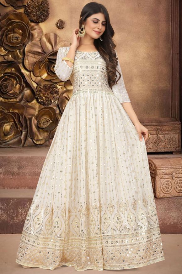 GLAMOROUS YELLOW FANCY SEQUINS EMBROIDERED GEORGETTE PARTY WEAR GOWN SEMI  STITCHED - Divine International Trading Co - 4009937