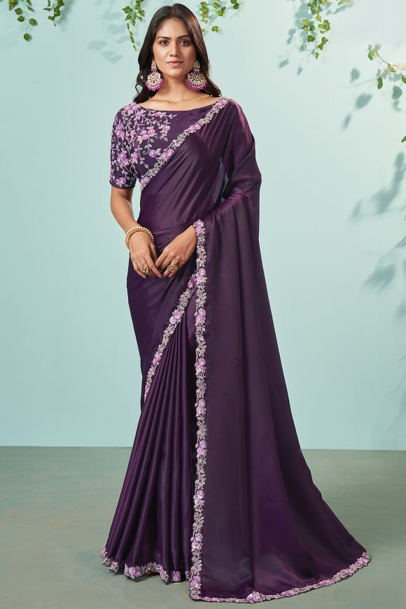 Purple Color Ready to Wear Saree in Satin Fabric With Blouse and Zari  Weaving | Fancy sarees, Party wear sarees, Trendy sarees