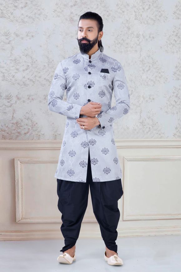 Beige Net Dhoti Style Anarkali Suit Wedding Wear - Hijab Online