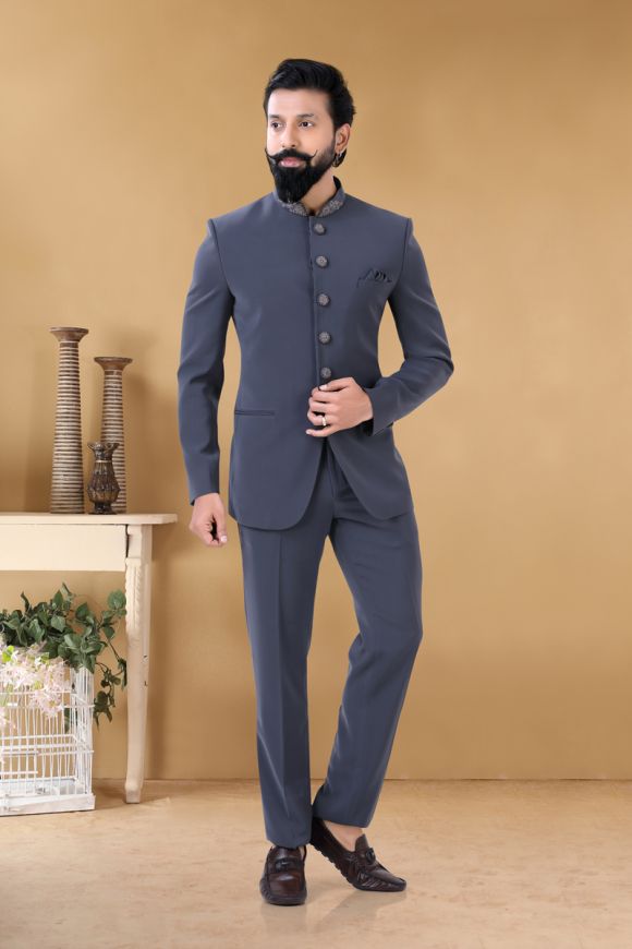 Designer Grey Color Jodhpuri Suit