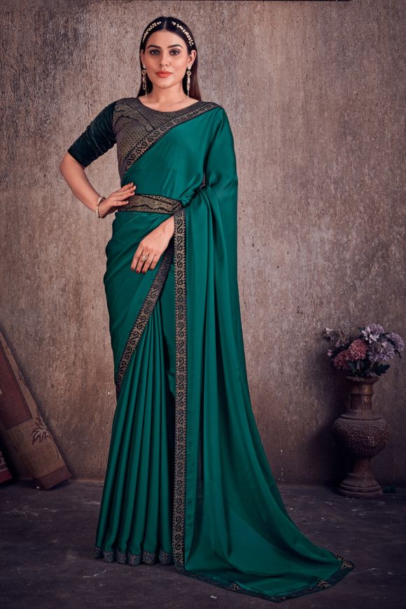 Dark Green Plain Border Art Silk Saree With Blouse For Women - Classiques -  3400588