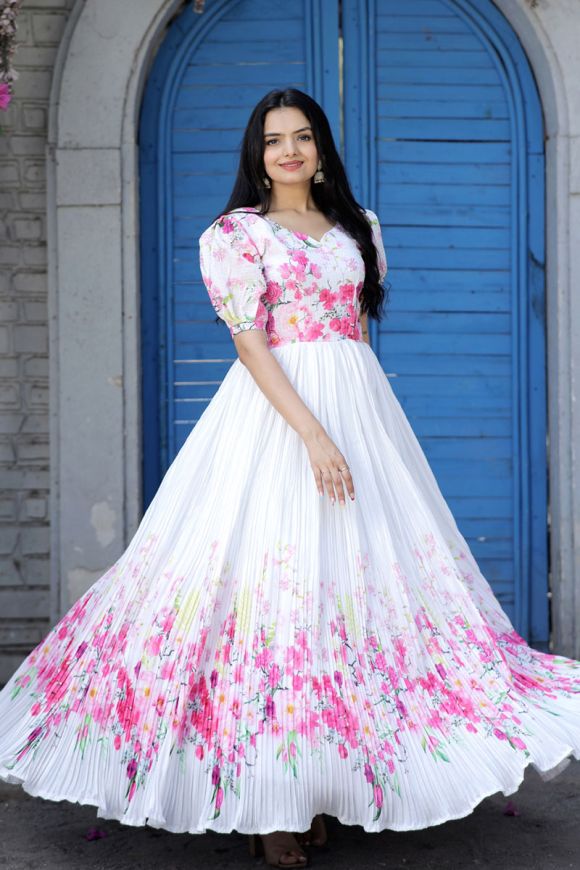Ladies Embroidered Full Sleeve Anarkali Gown (White And Pink) in Delhi at  best price by Kamakhya Creations - Justdial