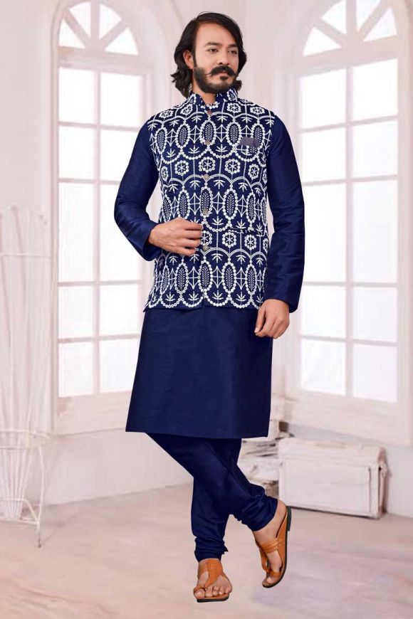 Buy Royal Blue Exclusive Readymade Silk Kurta Pajama With Jacket | Kurta  Pajama
