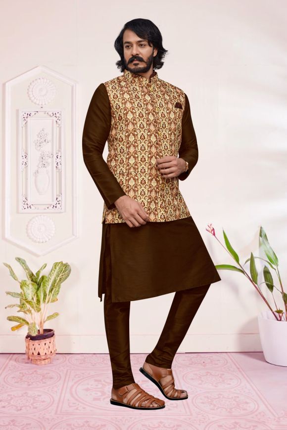 Buy Hangup Brown Self Design Kurta & Churidar Set With Nehru Jacket for  Men's Online @ Tata CLiQ