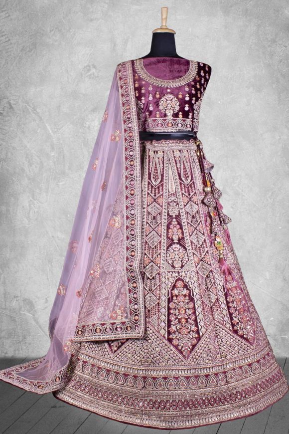 Embroidered Velvet Bridal Lehenga with Double Chunni in Wine color-818 –  Saundaryam Fashions