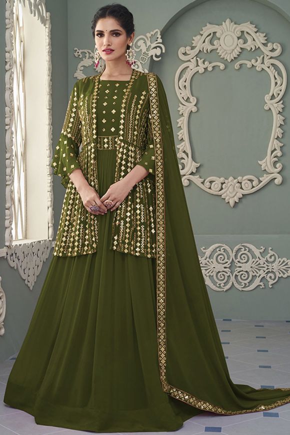 Mehndi Green Crop Top & Skirt Set with Shrug - Urban Womania