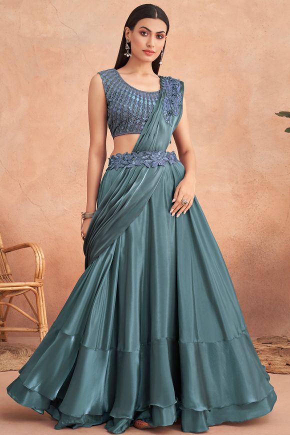 Party wear Blue Half Lehenga Style Saree at Rs.1800/Piece in kolkata offer  by Architha Silk And Garments