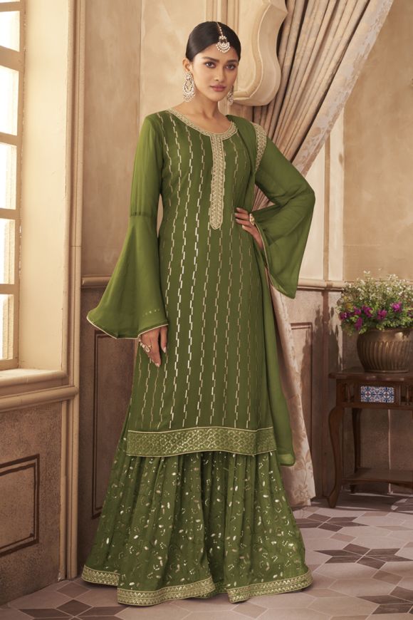 Shop Online Green Mehndi Georgette Palazzo Salwar Suit : 253683 -
