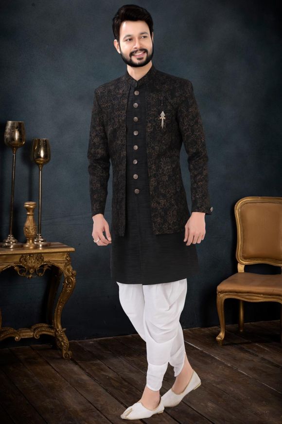 Silk Fabric Dhoti Kurta Jacket Set In Artistic Black Color