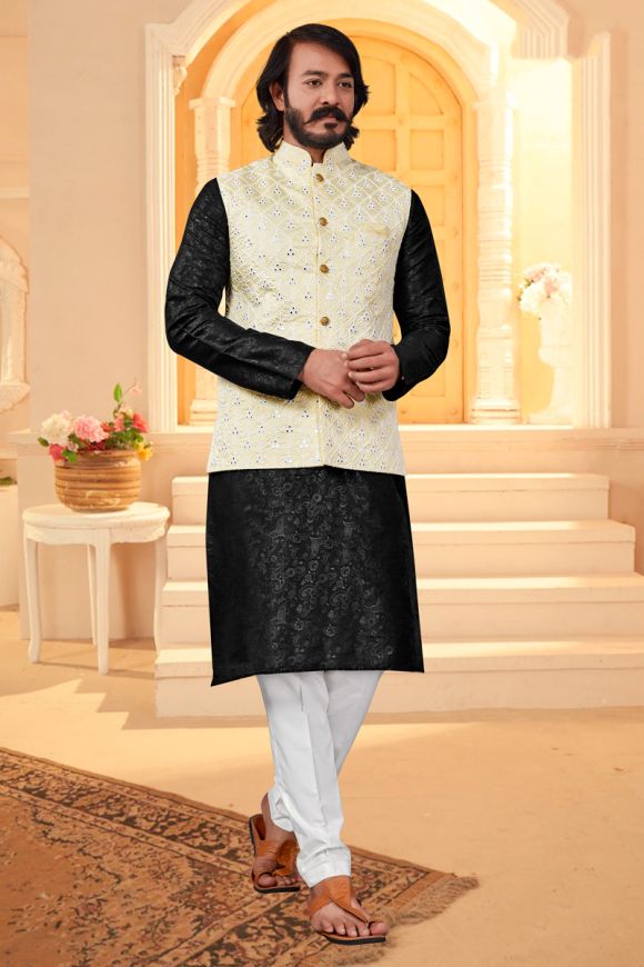 Buy SOJANYA Mens Silk Blend Black Kurta Pyjama & Yellow Nehru Jacket (Set  of 3) online