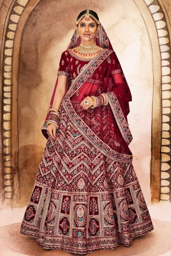 Gorgeous Maroon Multi Embroidery Velvet Bridal Lehenga Choli | Designer  lehenga choli, Lehenga choli, Designer bridal lehenga