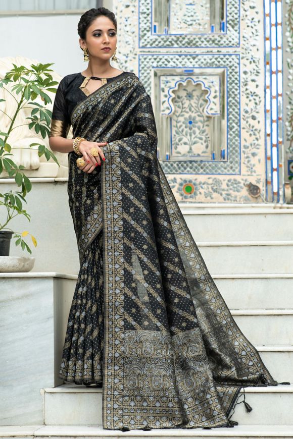 Handloom Black Colour Tussar Dupion Silk Saree