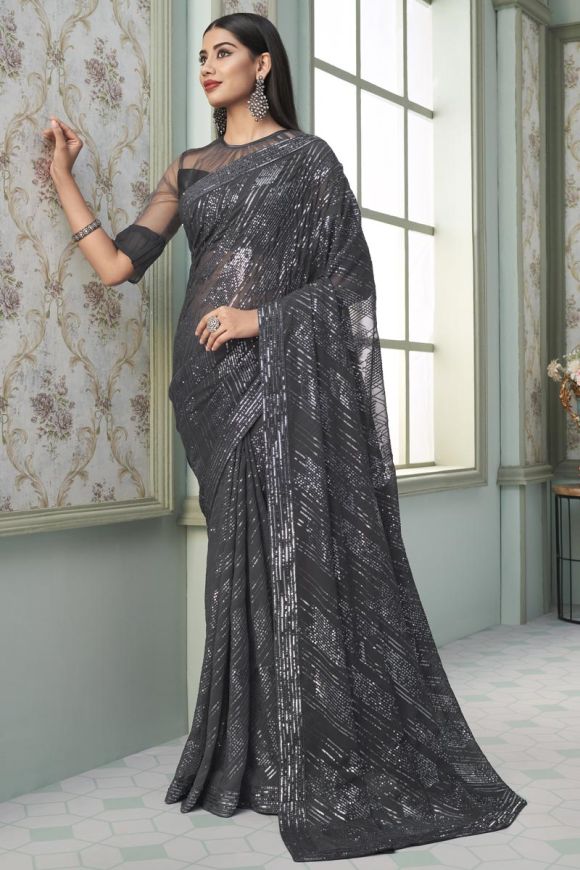 Buy Steel Grey Sequin Saree by Designer SEEMA GUJRAL Online at Ogaan.com