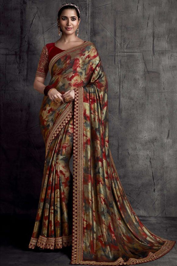 Multicolor & Sage Green Designer Embroidered Silk Party Wear Saree |  Saira's Boutique