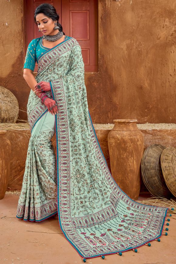 Buy Festival Wear Green Banarasi Silk Weaving Work Saree Online